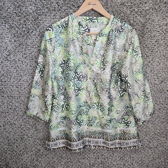Chico's Tops - Chicos Top Womens 0 US Small Green Printed Popover Blouse 3/4 Sleeve Ladies